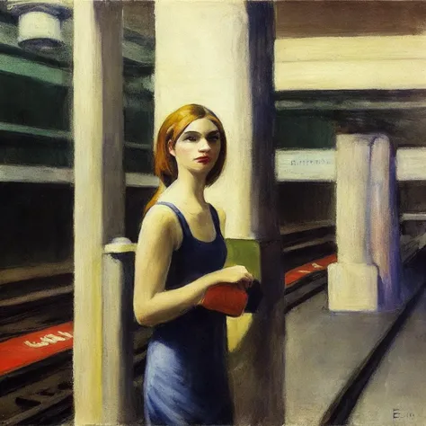 a painting of a young woman in a dress standing on a platform at an underground subway station and subway tracks at night, by ed...