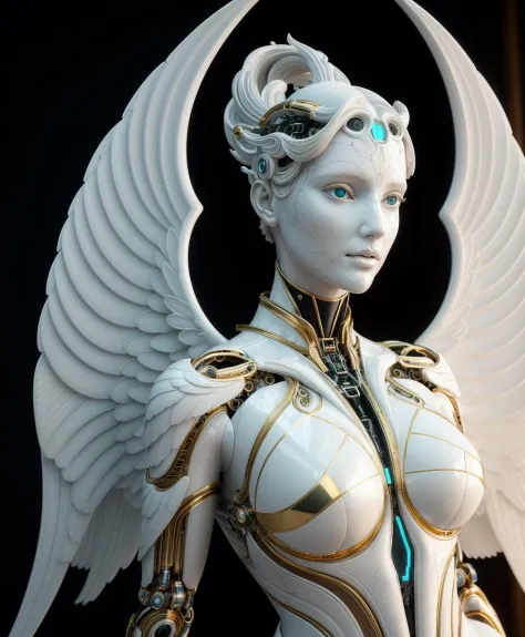 A statue made of white marble with gold veins, of an beautiful gorgeous futuristic cybernetic angel girl, prostheses, transhuman...