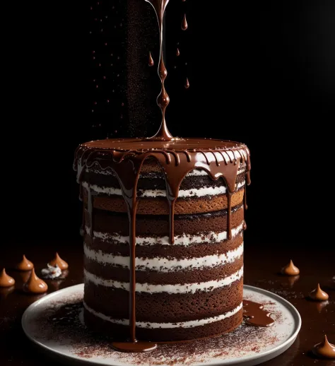 cake, chocolate, liquid splashes, merging, melting, splashing, droplets, mixing, fading away, exploding, swirling, intricate det...