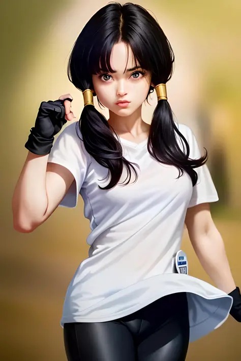 1girl, dynamic pose, dynamic view,, videl2,blue eyes, black hair, twintails, black gloves, bike_shorts, bangs, white shirt, badg...