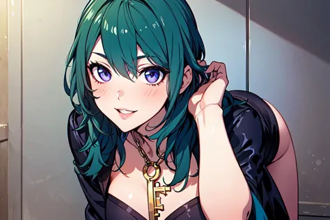 masterpiece,best quality, unreal engine, ultra res, extremely detailed,
1girl, waist, slender, (muscular:0.8)
ROUND BREASTS, large BREASTS
blush, smile, parted lips, watchig at viewer,
sexy pose
simple background
(anime style, key visual,:1.2)
 byleth, green hair, amethyst eyes