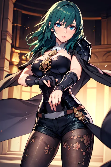 obra de arte,melhor qualidade, motor irreal, ultra res, extremamente detalhado,
1 garota, seios grandes,  Cintura , (muscular:0.4) ,delgado,
byleth, 
cabelo verde profundo, olhos de ametista,
armaduras, Shorts, manopla, cape, meia calça, estampa floral,
botas de salto alto,
assistindo no visualizador,
cara destemida, postura de luta,
hews estilo CSR STYLE seios redondos, seios médios