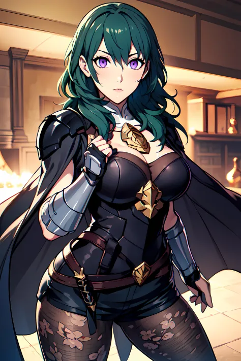 obra de arte,melhor qualidade, motor irreal, ultra res, extremamente detalhado,
1 garota, seios grandes,  Cintura , (muscular:0.4) ,delgado,
byleth,
cabelo verde profundo, armadura de olhos de ametista, Shorts, manopla, cape, meia calça, estampa floral,
assistindo no visualizador, 
postura de luta, espada, holding espada,
hews estilo CSR STYLE seios redondos, seios médios