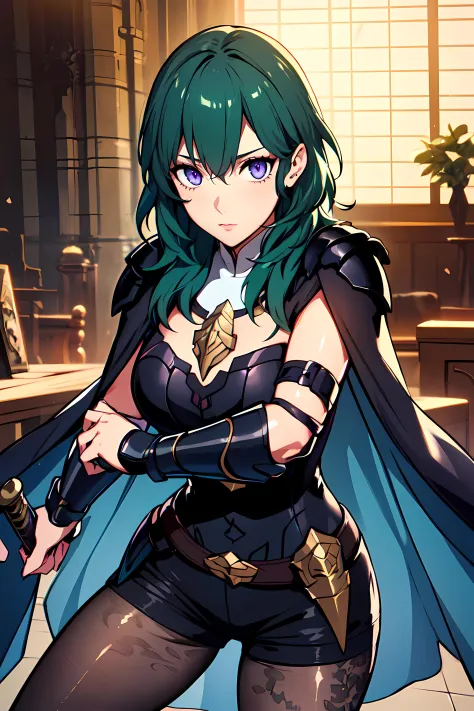 obra de arte,melhor qualidade, motor irreal, ultra res, extremamente detalhado,
1 garota, seios grandes,  Cintura , (muscular:0.4) ,delgado,
byleth,
cabelo verde profundo, armadura de olhos de ametista, Shorts, manopla, cape, meia calça, estampa floral,
assistindo no visualizador, 
postura de luta, espada, holding espada,
hews estilo CSR STYLE seios redondos, seios médios