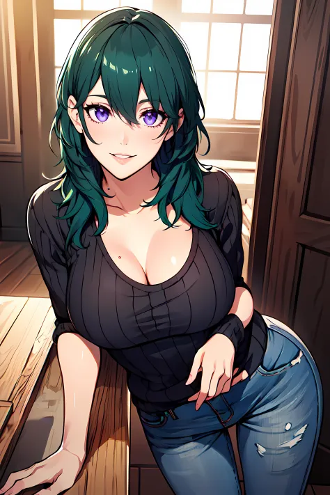 obra de arte,melhor qualidade, motor irreal, ultra res, extremamente detalhado,
1 garota, seios grandes,  Cintura , (muscular:0.4) ,delgado,
byleth,
cabelo verde profundo, suéter oversized com olhos de ametista,calças jeans,
assistindo no visualizador, sorriso, lábios entreabertos, pose sexy,
hews estilo CSR STYLE seios redondos, seios médios