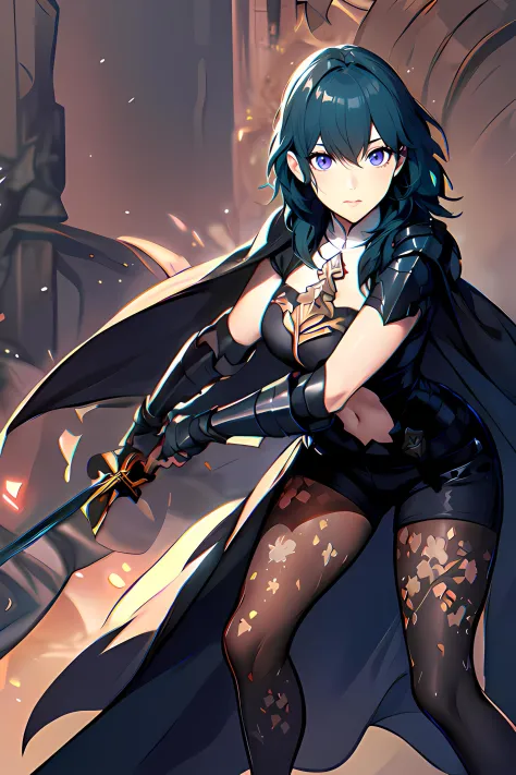 obra de arte,melhor qualidade, motor irreal, ultra res, extremamente detalhado,
1 garota, seios grandes,  Cintura , (muscular:0.4) ,delgado,
byleth,
armaduras, Shorts, manopla, cape, meia calça, estampa floral,
assistindo no visualizador,
cara destemida, postura de luta, (segurando a espada, espada longa:1.2)
hews estilo CSR STYLE seios redondos, seios médios