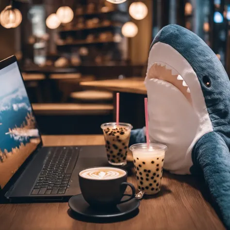 a close up of a stuffed shark sitting on a table next to a laptop