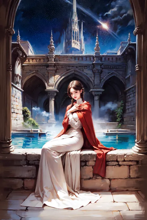 a painting of a woman sitting on a ledge in front of a castle