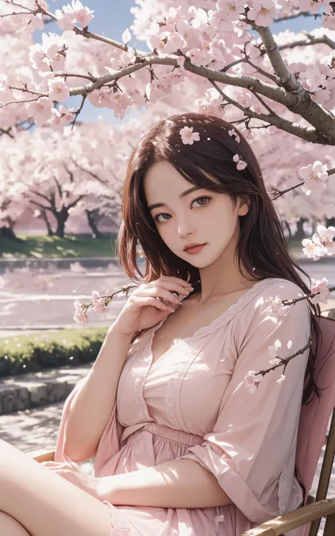 (worm's eye:1.5), (ultra wide establishing shot, solo focus, cinematic photoshoot of perfect seductive young woman Relaxing Under a Cherry Blossom Tree:1.3), serene scene under a cherry blossom tree in full bloom, with petals gently falling like a soft pink snow, creating a carpet of flowers on a tranquil lakeshore.