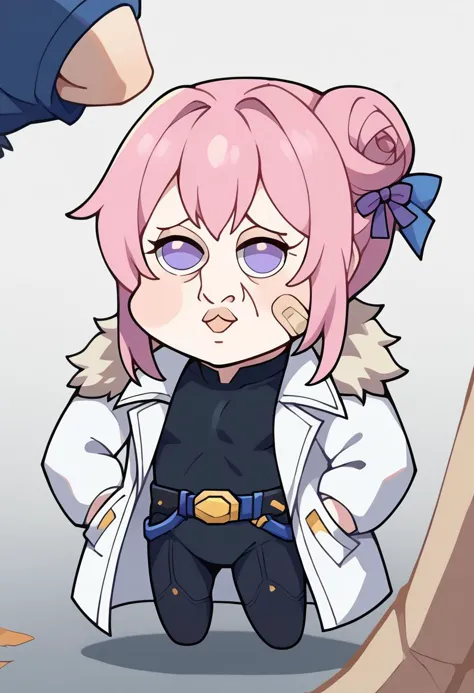 a cartoon girl with pink hair and a white coat