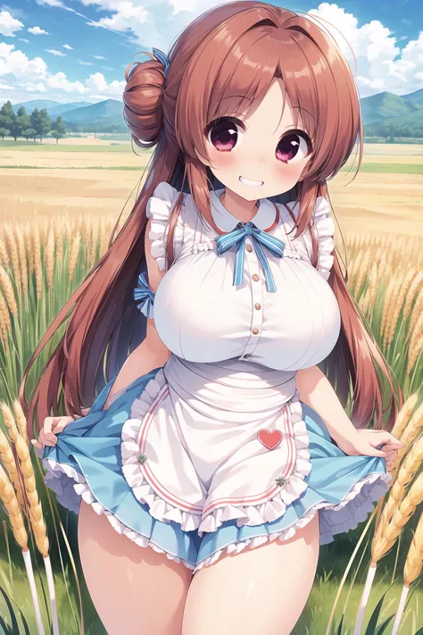 best quality, ultra-detailed, (1girl, solo,<lyco:alice_in_wonderland_outfit-v1:1>,aliceinwonderlandoutfit, <lora:plump_control_v1.0:0.6>,(plump:0.6), thick arms, thick thighs,<lora:oppai_control_v1.0:0.1:0,0,0,0,0,0,0,1,1,1,0,0,0,1,0,0,0,1,1,1,1,0,0,0,0,0>, , swept bangs, grin,chignon hair, ), in a wheat field