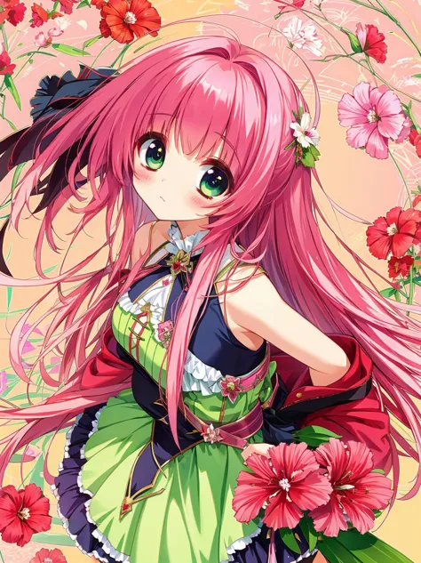 a close up of a girl with pink hair and a green dress