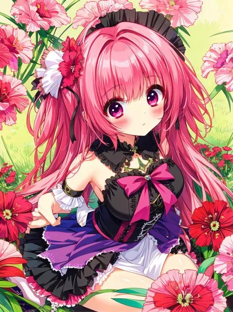 a girl with pink hair and a black dress sitting in a field of flowers