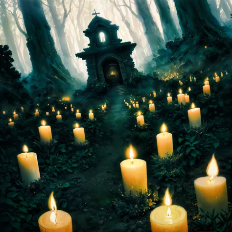 candles are lit in a forest with a house in the background