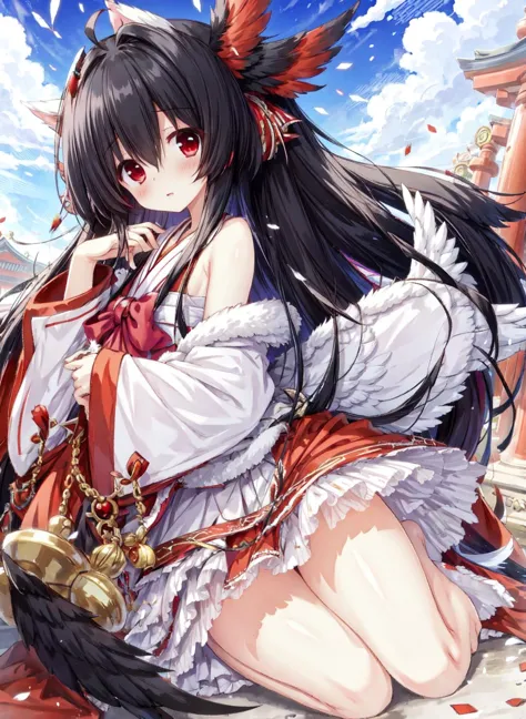 ( masterpiece , best qualty ), hyper, pretty cure kawaii girl , flat chest , flat body , [shrine maiden's ceremonial dress] , black hair ,  big red ribon ,  Kindness,Glad ,  many  Shedding bird feathers falling from the sky ,,Wonderful_greate_special_Gorgeous_Goddess_White_Wings hair ,  many many Shedding bird feathers falling from the sky , shrine background , <lora:flat2:-0.3>,