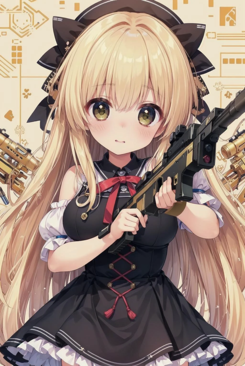 (Masterpiece, super high resolution, best-detailed, extremely_illustration) ,Precise,depiction of the face, (aiming at viewer),gold gun, 14 years old, (solo), fine eyes, cute, yellow big:0.5 ribbon on head, small breasts, long hair