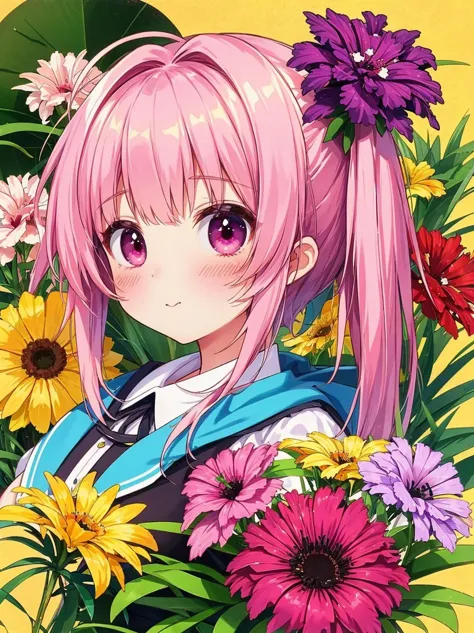 a close up of a person with pink hair and flowers