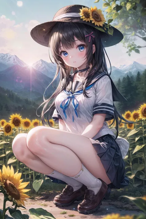 (masterpiece, top quality, best quality, official art, beautiful and aesthetic:1.2), (1girl, cute:1.2), extreme detailed, colorful, highest detailed ((ultra-detailed)), (highly detailed CG illustration), ((an extremely delicate and beautiful)),(outdoors, Nature, country, mountain, hat, black hair, long hair, blue eyes, large breasts, light particles, lens flare, depth of field, sparkle, bokeh, dappled sunlight, day, serafuku, school uniform, trekking shoes, ribbon choker, sunflower:1.2), <lora:flat2:-1>, <lyco:age_changer_last:1.4>