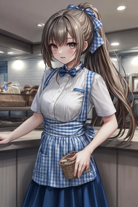 (masterpiece, top quality, best quality, official art, beautiful and aesthetic:1.2),highest detailed , 8k photo quality,((ultra-detailed)), (highly detailed CG illustration), ((an extremely delicate and beautiful)) ,(1girl,cute:1.3), black hair, ponytail, middle breasts, KRU, blue bow, blue bowtie, white shirt, short sleeves, blue skirt, blue apron, gingham apron, employee uniform, high-waist skirt, waitress, indoors, <lora:flat1:-1>, <lora:kobeya_U_SD15_V5:0.8>