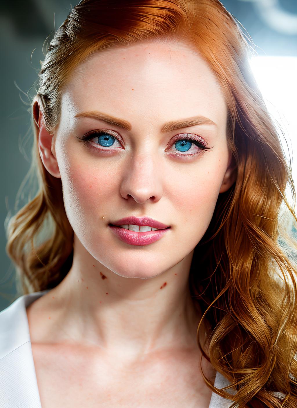 A close up of a woman with red hair and blue eyes - SeaArt AI