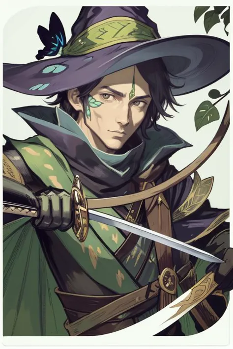 a man in a hat and green cape holding a sword