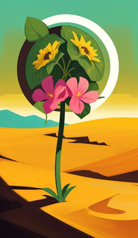 there is a painting of a flower in the middle of a desert