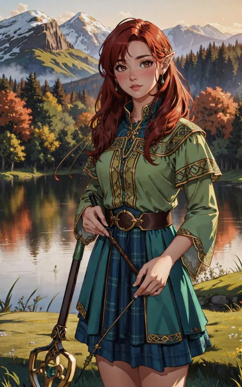 (Layered Depth:1.3), outdoor Scottish highlands, vivid sunset hues, fantasy setting. A striking redhead woman, (distinctly Scott...