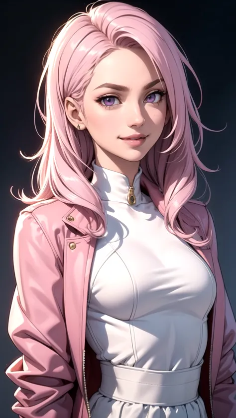 (masterpiece, best quality), intricate details, thin, ((slim)), beautiful girl, Light pink hair, white skin, light purple eyes, sharp jawline, cropped jacket, messy hair, lips, upper body, smirk