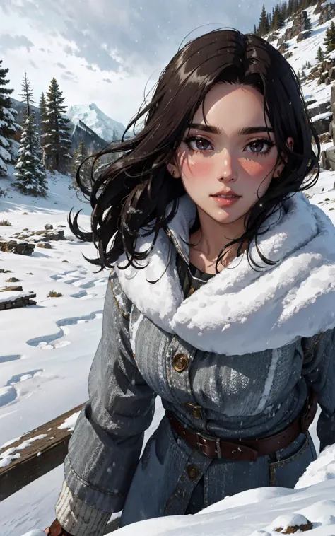 (Layered Depth:1.3), (cowboy shot, solo-focus, cinematic photoshoot of perfect seductive young woman Navigating a Treacherous Mountain Path in a Blizzard:1.3), perilous journey along a snow-laden mountain path, with fierce blizzard winds sculpting surreal snowdrifts and ice formations, under a brooding, stormy sky.