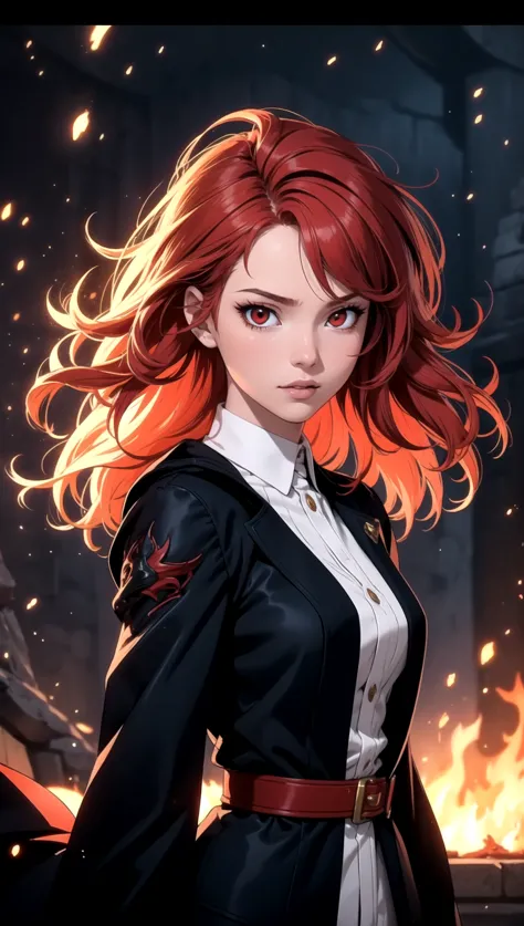 a woman with red hair and a black dress standing in front of a fire