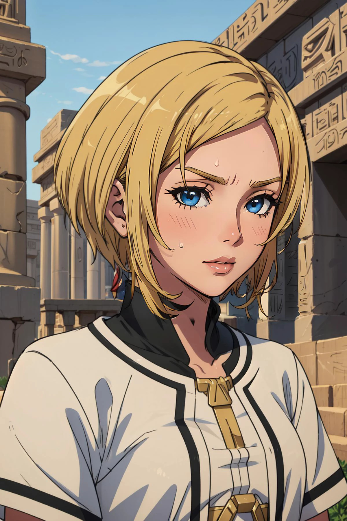 (masterpiece, best quality),  intricate details,
1girl,    mushoku tensei sara, short hair, blue eyes, blonde hair,
 ancient egyptian clothes,  Egyptian temple, statues,  sweating, sand,
