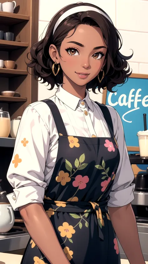 (masterpiece, best quality), 1girl, (curly hair), short hair, cafe, barista, dark skin, happy, looking at viewer, hairband, wais...