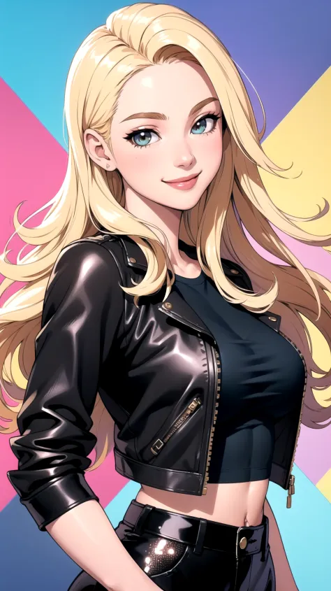 (masterpiece, best quality), 1girl, large breasts, long hair, blonde hair,  Sequin pants, rocker tee, leather jacket, upper body...