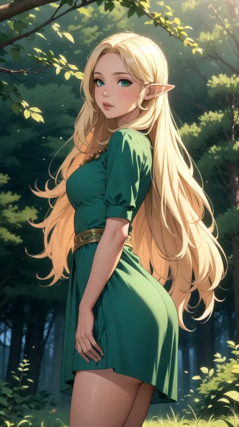 (masterpiece, best quality), 1girl, elf, long blonde hair, long silk green dress, village, forest, thighs