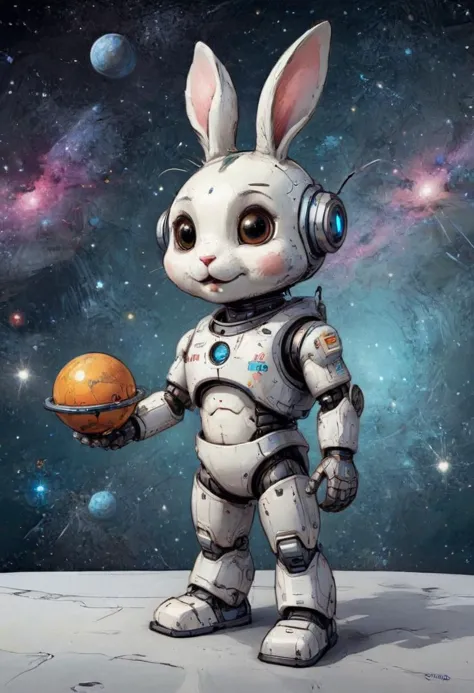 illustration of a cute cartoon character, a clever robot bunny ,  space on the background,  ((masterpiece)), (best quality),  de...