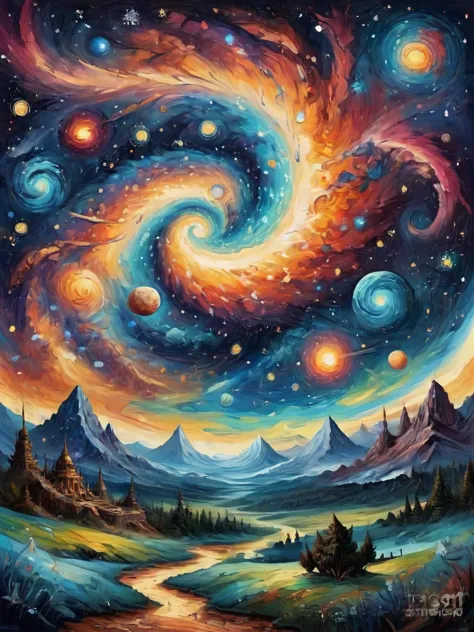A surreal painting depicting a vast, starry sky with swirling galaxies and nebulae, overlaid with intricate geometric patterns r...