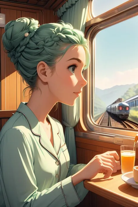 (masterpiece, best quality), 1girl, Mint Green Crown Braided Updo, Size G breasts,   <lora:girlliketrainroomette:1> train roomet...