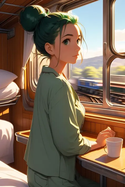 anime girl sitting at a table with a cup of coffee