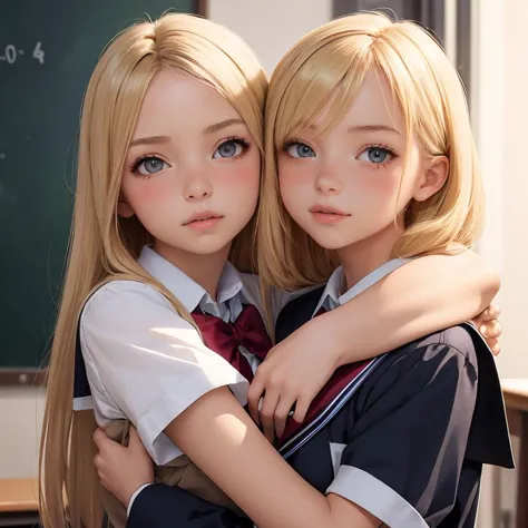 (masterpiece, best quality),2 girls,hug, blonde, school uniform, size difference