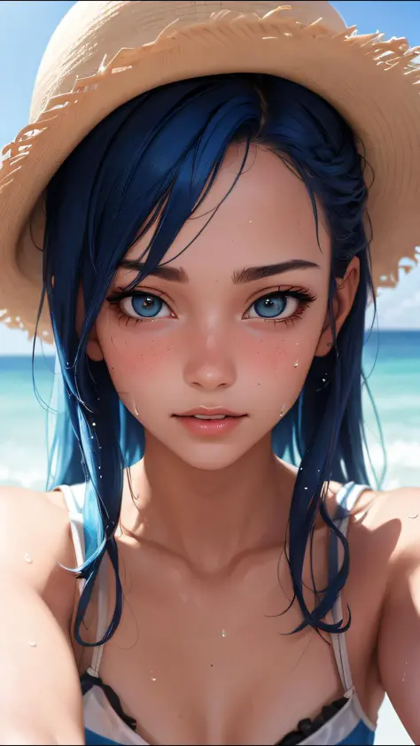 (ultra realistic, best quality, masterpiece)  perfect face, blue  hair, 18 years old girl, sweaty cowgirl, hat, pistols,