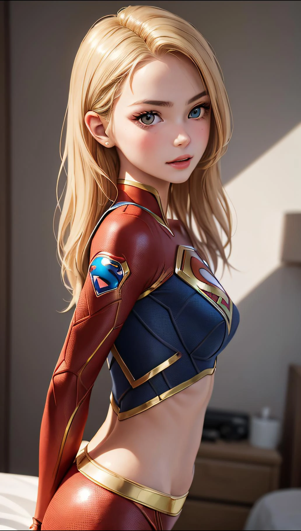 (melhor qualidade, Obra de arte, rosto perfeito) cabelos dourados, menina de 18 anos, médio , cosplay de supergirl, flertando na câmera