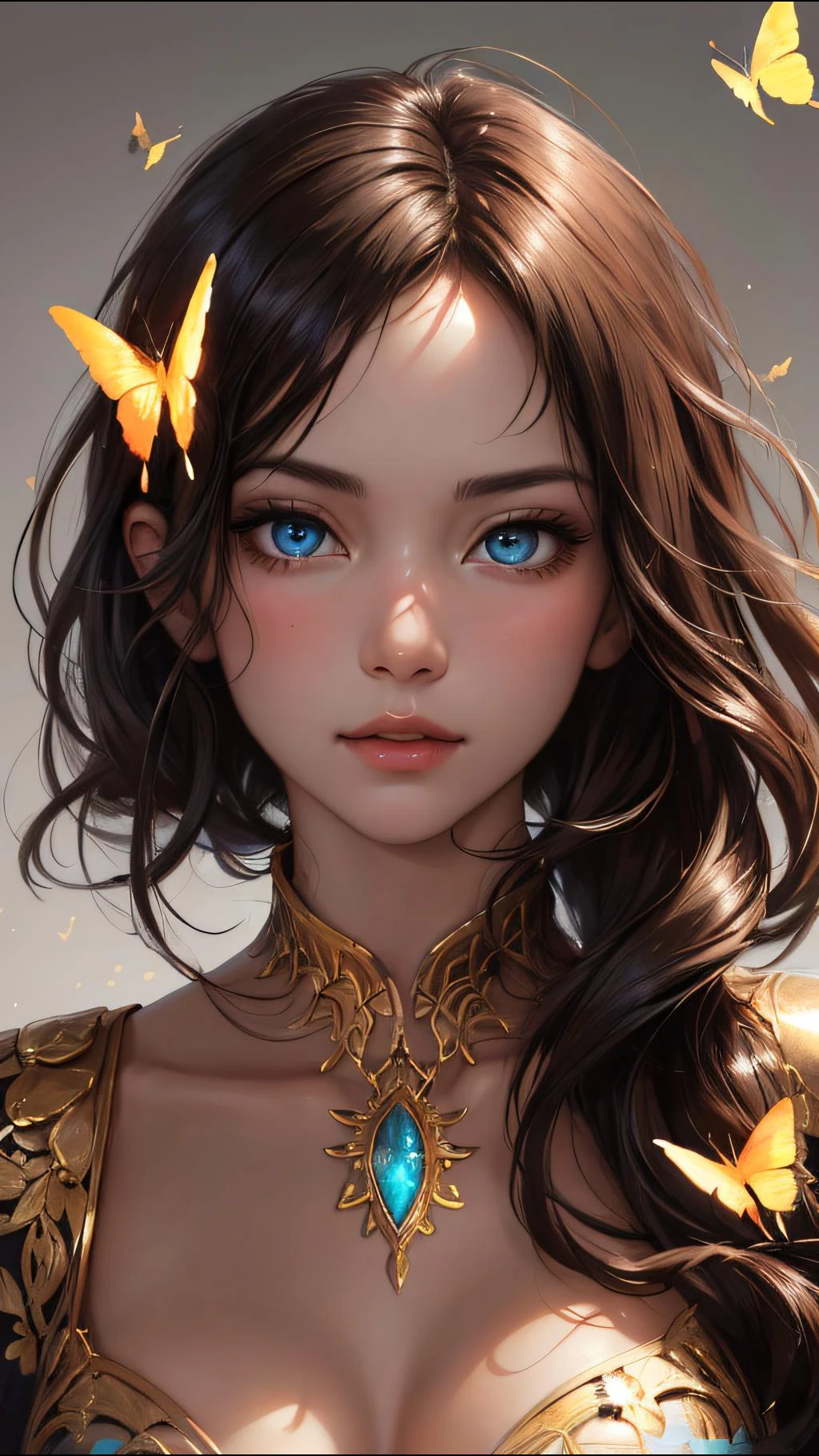 8k portrait of beautiful cyborg with brown hair, intricate, elegant, highly detailed, majestic, digital photography, art by artgerm and ruan jia and greg rutkowski surreal painting gold butterfly filigree, broken glass, (masterpiece, sidelighting, finely detailed beautiful eyes: 1.2), hdr, 