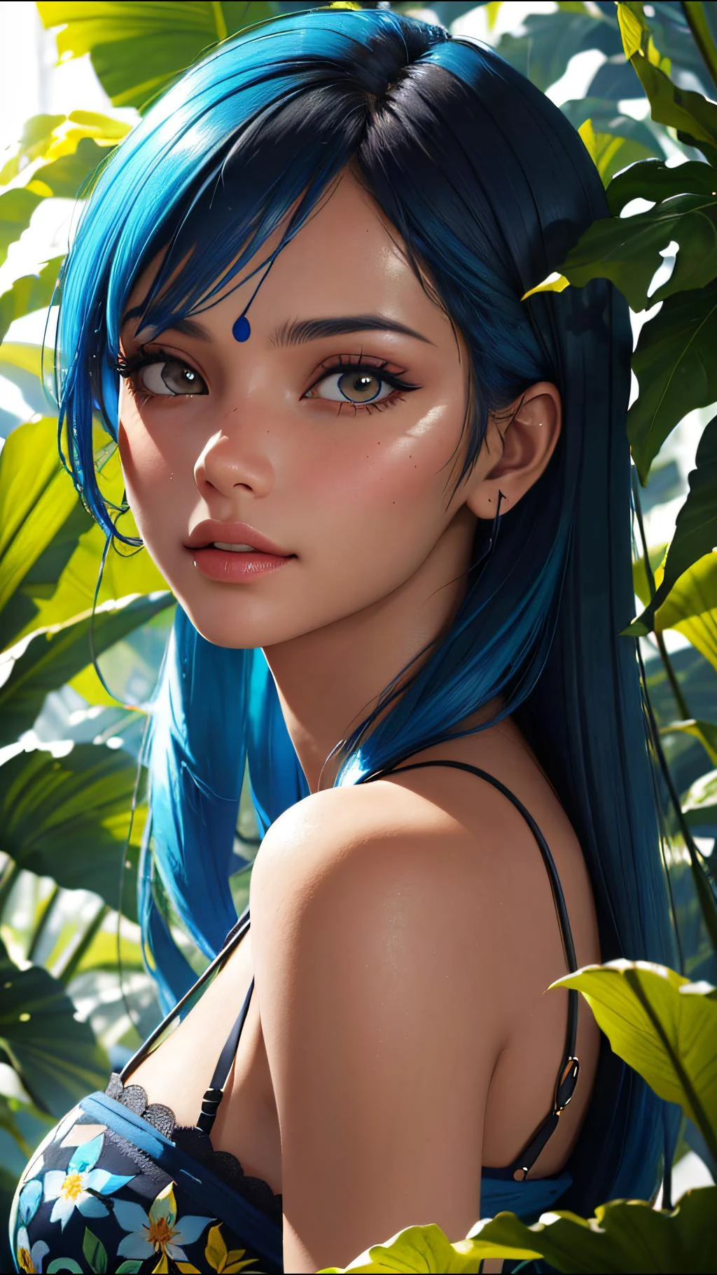Modefotografie-Porträt eines indischen Mädchens mit blauen Haaren, im üppigen Dschungel mit Blumen, 3d render, cgi, symmetrisch, octane render, 35mm, bokeh, 9:16, (komplizierte Details:1.12), HDR, (komplizierte Details, hyperausführlich:1.15), (natürliche Hautstruktur, Hyperrealismus, Sanftes Licht, scharf:1.2), ausführlich, Sonnenlicht, das durch das Laub fällt