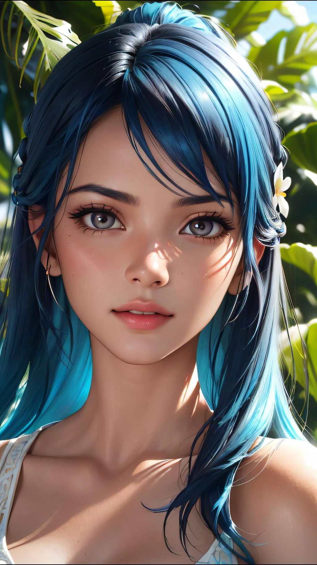 Fotografía de moda retrato de una niña india con cabello azul., en una exuberante selva con flores, representación 3d, cgi, simétrico, renderizado de octanaje, 35mm, bokeh, 9:16, (detalles intrincados:1.12), HDR, (detalles intrincados, hyperdetallado:1.15), (textura natural de la piel, hyperrealism, Luz tenue, afilado:1.2), detallado, luz del sol pasando a través del follaje
