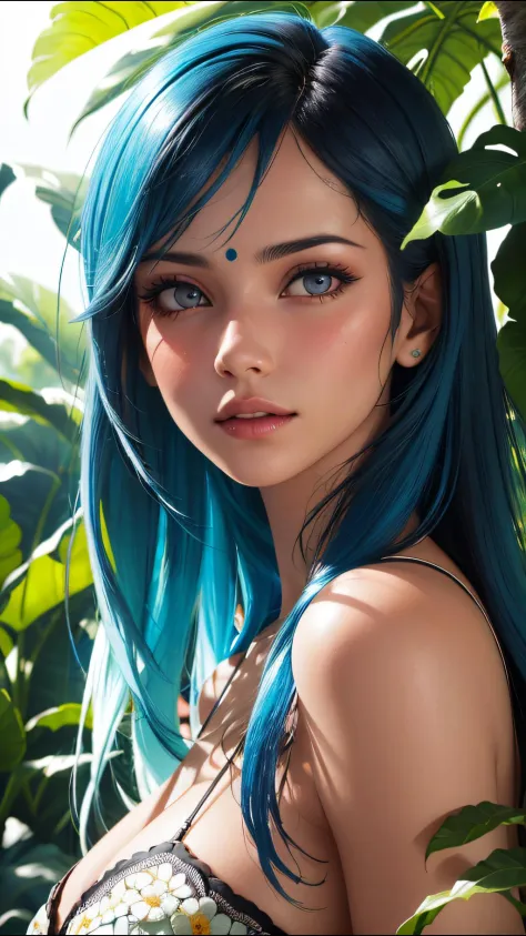 fashion photography portrait of indian girl with blue hair, in lush jungle with flowers, 3d render, cgi, symetrical, octane rend...