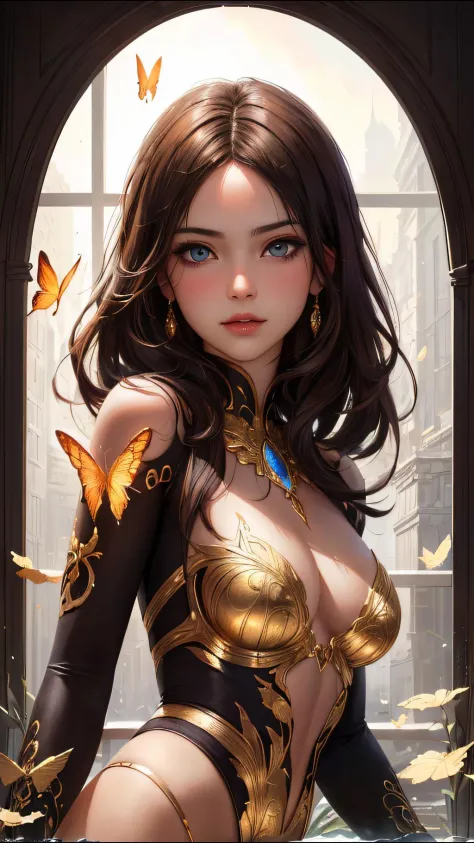 (Perfect face) 8k portrait of beautiful cyborg with brown hair, intricate, elegant, highly detailed, majestic, digital photography, art by artgerm and ruan jia and greg rutkowski surreal painting gold butterfly filigree, broken glass, (masterpiece, sidelig...