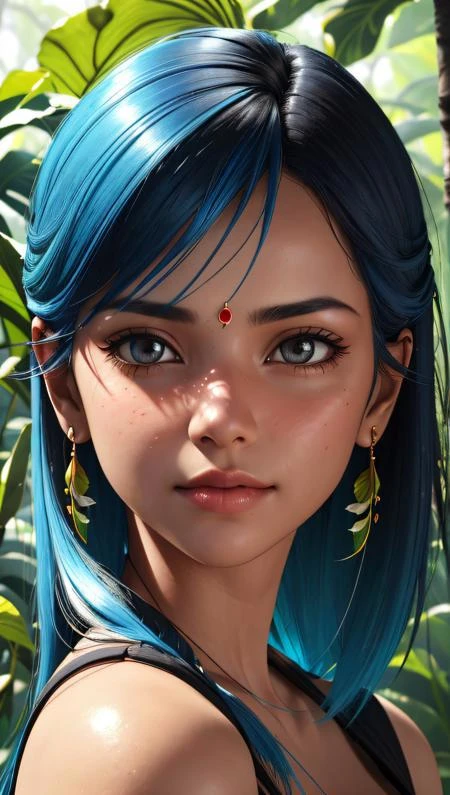 photographie de mode portrait d&#39;une fille indienne aux cheveux bleus, dans une jungle luxuriante avec des fleurs, rendu 3D, cgi, symétrique, rendu d&#39;octane, 35mm, bokeh, 9:16, (détails complexes:1.12), HDR, (détails complexes, hyperdétaillé:1.15), (texture naturelle de la peau, Hyperréalisme, Lumière douce, POINTU:1.2), détaillé, la lumière du soleil traverse le feuillage