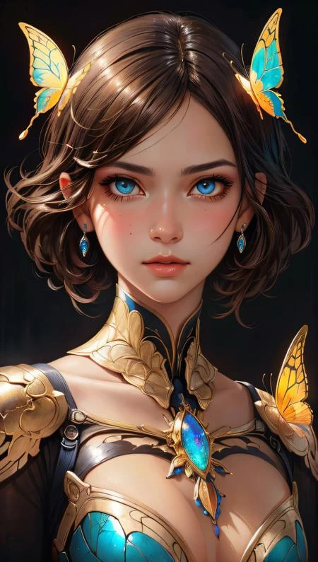 (cara perfecta) Retrato en 8k de un hermoso cyborg con cabello castaño, Intrincado, elegant, muy detallado, majestuoso, fotografía digital, arte de artgerm y ruan jia y greg rutkowski pintura surrealista filigrana de mariposa dorada, vidrio roto, (Obra maestra, iluminación lateral, hermosos ojos finamente detallados: 1.2), HDR, 