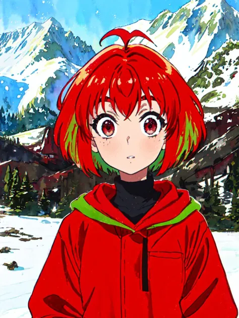 anime girl with red hair and green eyes standing in front of a mountain