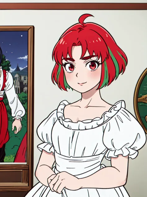 anime girl in white dress standing next to a painting of a man